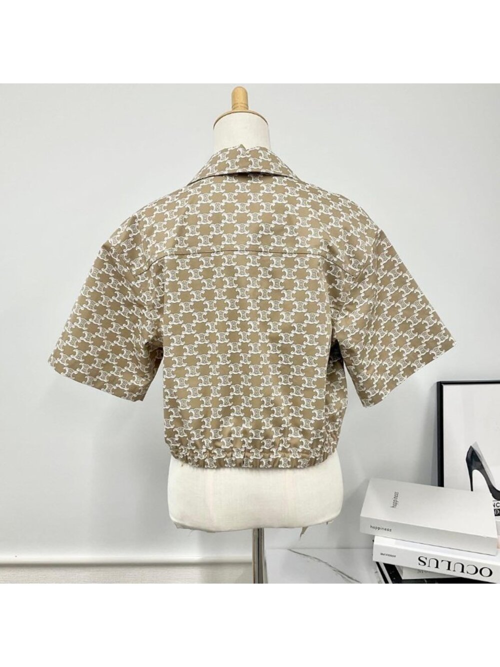 Celine Triomphe Shirt Cotton Top Cropped Beige - Picture 3 of 9